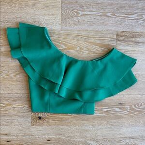 Green off one shoulder ruffled crop blouse